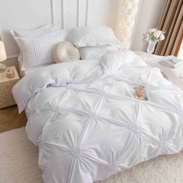 Lenjerie pat dublu finet 6 piese cu pliuri, inimioare și broderie-alb, LIB-001