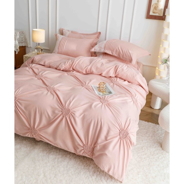 Lenjerie pat dublu finet 6 piese cu pliuri, inimioare și broderie-roz pudra, LIB-002