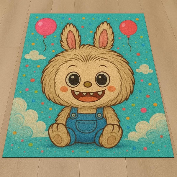 Covor Antiderapant 140x200 cm model Labubu – Design Jucăuș, Turcoaz cu baloane roz, TAM-024