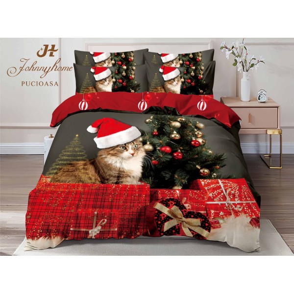Set Lenjerie Pat Dublu 6 Piese Bumbac Finet – Model Crăciun cu Pisică și Brad, Roșu-Negru, LTC-064