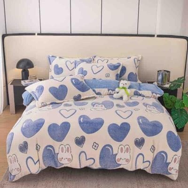 Lenjerie Cocolino 1 Persoană 4 Piese – Model - Inimi Albastre și Iepurași, LSC-002
