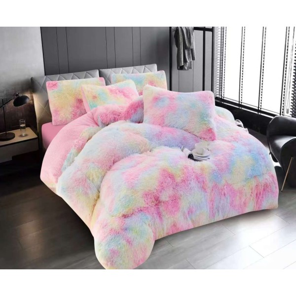 Set Pilotă Fluffy Pat Dublu 200x230 cm cu 2 Fețe de Pernă – Model Multicolor Pastel, PF-005