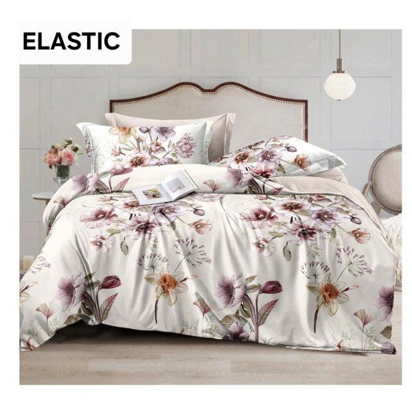 Set Lenjerie Bumbac Satinat 4 Piese Pat Dublu cu Cearșaf cu Elastic – Model Floral Elegant Crem Mov, LDBS-332 Set Lenjerie Bumbac Satinat 4 Piese Pat Dublu cu Cearșaf cu Elastic – Model Floral Elegant Crem Mov, LDBS-332