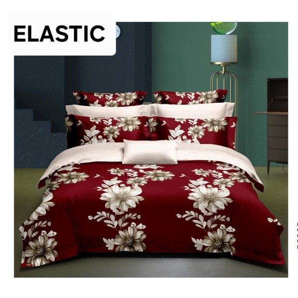 Set Lenjerie Bumbac Satinat 4 Piese Pat Dublu cu Cearșaf cu Elastic – Model Floral Bordo Elegant, LDBS-336