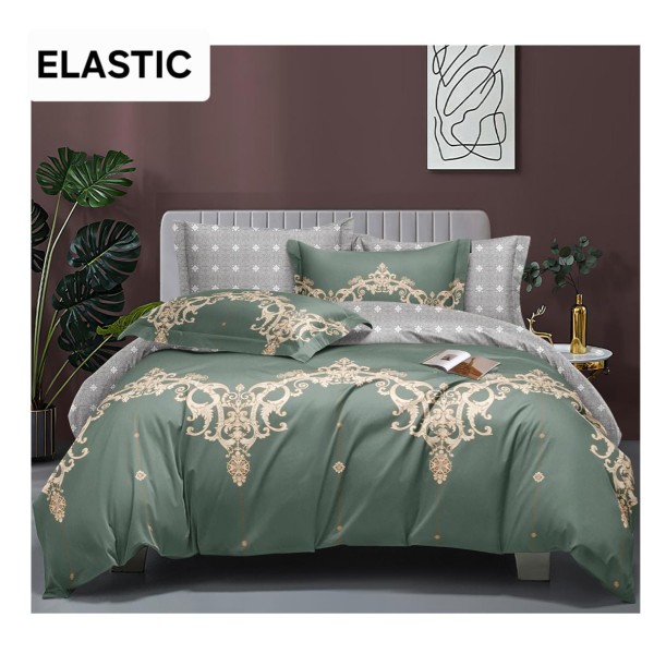 Set Lenjerie Bumbac Satinat 4 Piese Pat Dublu cu Cearșaf cu Elastic – Model Verde Elegant cu Dantelă Aurie, LDBS-338