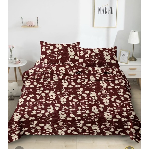 Cuvertură Pat Dublu cu 2 Fețe de Pernă din Bumbac Satinat – Model Floral Vișiniu-Bej , OCT-017