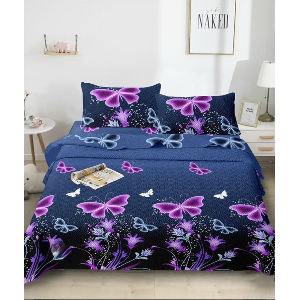 Cuvertură Pat Dublu cu 2 Fețe de Pernă din Bumbac Satinat – Model Fluturi Mov pe Fundal Albastru, OCT-020
