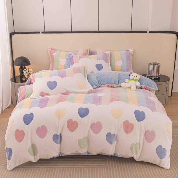 Set Lenjerie Cocolino 4 piese pat dublu cu cearșaf cu elastic, Model  Inimi Colorate Pastel, LEC-048