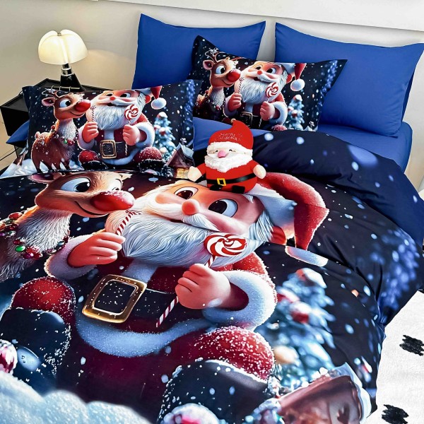 Set Lenjerie Pat Dublu Finet 6 Piese cu Elastic 5D Crăciun – Moș Crăciun și Renul, Albastru, LTC-001