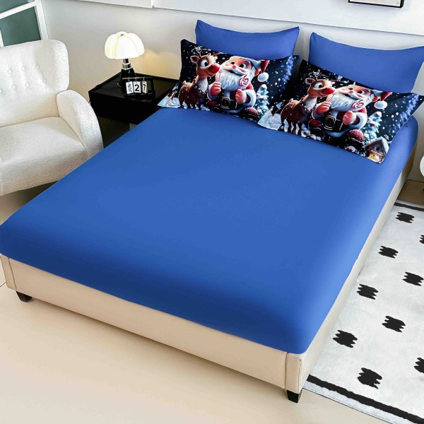 Set Lenjerie Pat Dublu Finet 6 Piese cu Elastic 5D Crăciun – Moș Crăciun și Renul, Albastru, LTC-001