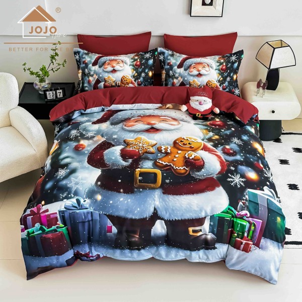 Set Lenjerie Pat Dublu Finet 6 Piese cu Cearșaf cu Elastic 5D – Model Crăciun Moș cu Cadouri , LTC-002