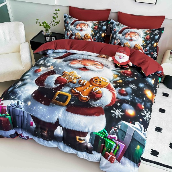 Set Lenjerie Pat Dublu Finet 6 Piese cu Cearșaf cu Elastic 5D – Model Crăciun Moș cu Cadouri , LTC-002