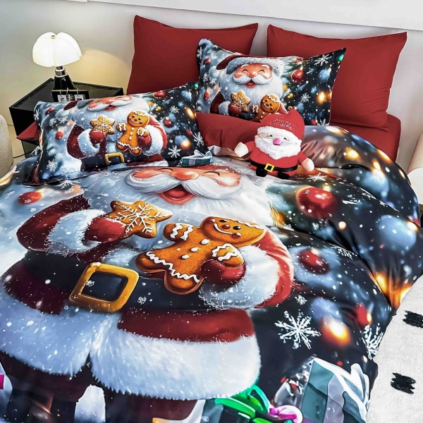Set Lenjerie Pat Dublu Finet 6 Piese cu Cearșaf cu Elastic 5D – Model Crăciun Moș cu Cadouri , LTC-002