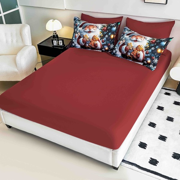 Set Lenjerie Pat Dublu Finet 6 Piese cu Cearșaf cu Elastic 5D – Model Crăciun Moș cu Cadouri , LTC-002
