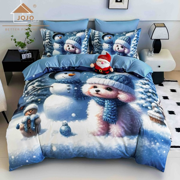 Set Lenjerie Pat Dublu Finet 6 Piese cu Cearșaf cu Elastic 5D – Model Cățeluș și Om de Zăpadă, Albastru Iarnă, LTC-015