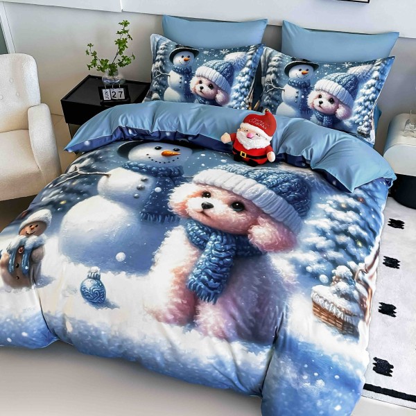 Set Lenjerie Pat Dublu Finet 6 Piese cu Cearșaf cu Elastic 5D – Model Cățeluș și Om de Zăpadă, Albastru Iarnă, LTC-015