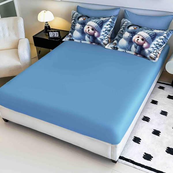 Set Lenjerie Pat Dublu Finet 6 Piese cu Cearșaf cu Elastic 5D – Model Cățeluș și Om de Zăpadă, Albastru Iarnă, LTC-015