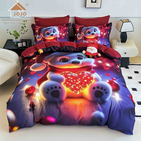 Set Lenjerie Pat Dublu Finet 6 Piese cu Elastic 5D Ursuleț cu Inimă Roșie – Model Festiv Colorat, LTC-005