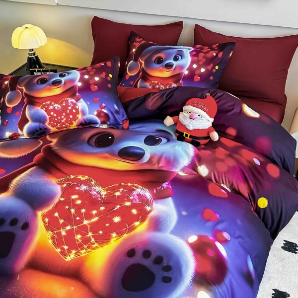 Set Lenjerie Pat Dublu Finet 6 Piese cu Elastic 5D Ursuleț cu Inimă Roșie – Model Festiv Colorat, LTC-005