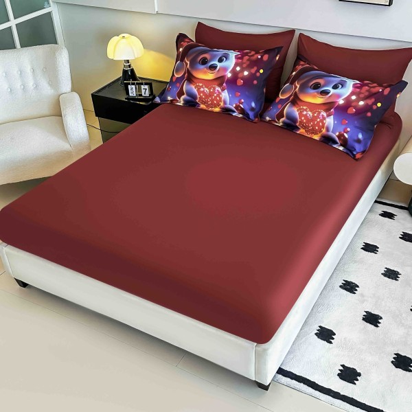 Set Lenjerie Pat Dublu Finet 6 Piese cu Elastic 5D Ursuleț cu Inimă Roșie – Model Festiv Colorat, LTC-005