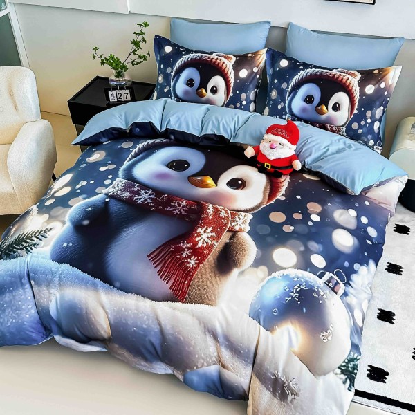 Set Lenjerie Pat Dublu Finet 6 Piese cu Cearșaf cu Elastic 5D – Model Pinguin de Iarnă, Albastru, LTC-012 Set Lenjerie Pat Dublu Finet 6 Piese cu Cearșaf cu Elastic 5D – Model Pinguin de Iarnă, Albastru, LTC-012