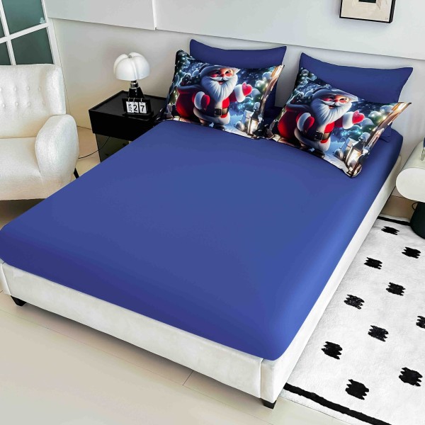 Set Lenjerie Pat Dublu Finet 6 Piese cu Cearșaf cu Elastic 5D – Model Moș Crăciun Albastru, LTC-017