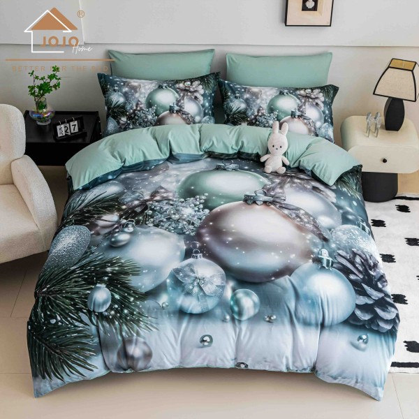 Set Lenjerie Pat Dublu Finet 6 Piese cu Cearșaf cu Elastic 5D – Model Globuri Argintii și Verde Mentă, LTC-0110