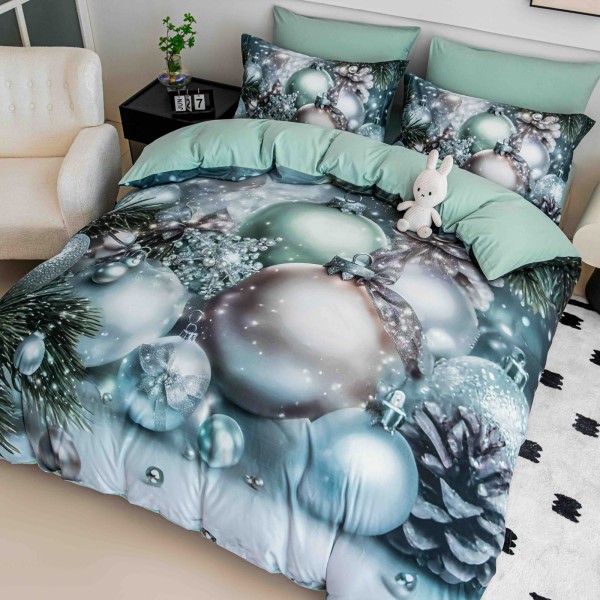 Set Lenjerie Pat Dublu Finet 6 Piese cu Cearșaf cu Elastic 5D – Model Globuri Argintii și Verde Mentă, LTC-0110