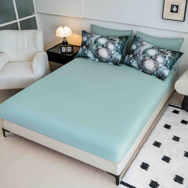 Set Lenjerie Pat Dublu Finet 6 Piese cu Cearșaf cu Elastic 5D – Model Globuri Argintii și Verde Mentă, LTC-0110