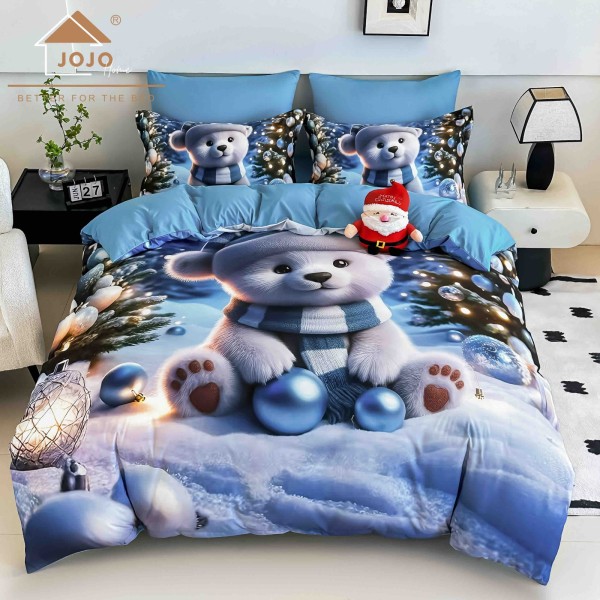 Set Lenjerie Pat Dublu Finet 6 Piese cu Cearșaf cu Elastic 5D Ursuleț Albastru – Modern și Plin de Culoare, LTC-018