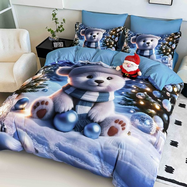 Set Lenjerie Pat Dublu Finet 6 Piese cu Cearșaf cu Elastic 5D Ursuleț Albastru – Modern și Plin de Culoare, LTC-018