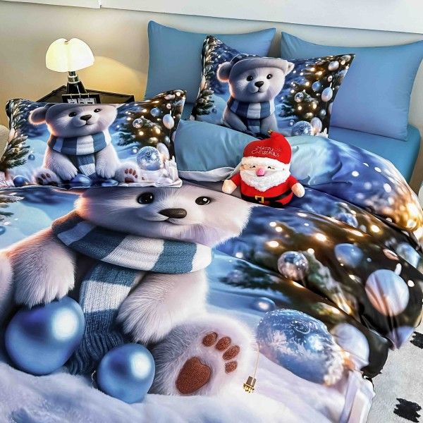 Set Lenjerie Pat Dublu Finet 6 Piese cu Cearșaf cu Elastic 5D Ursuleț Albastru – Modern și Plin de Culoare, LTC-018