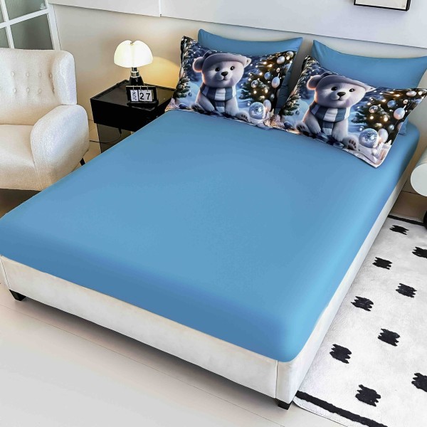 Set Lenjerie Pat Dublu Finet 6 Piese cu Cearșaf cu Elastic 5D Ursuleț Albastru – Modern și Plin de Culoare, LTC-018