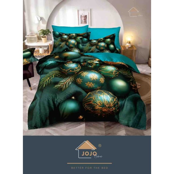 Set Lenjerie Pat Dublu Finet 6 Piese cu Cearșaf cu Elastic 5D – Model Globuri Verzi cu Accente Aurii, LTC-019