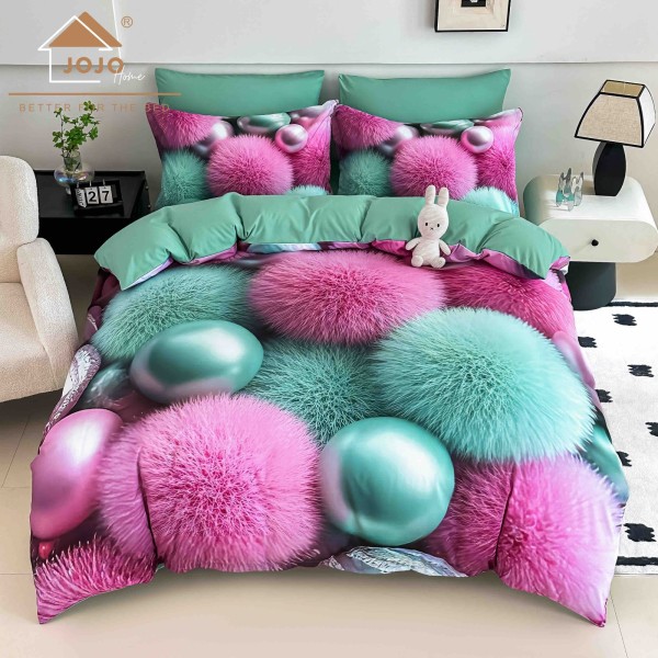 Lenjerie de Pat Finet 6 Piese 5D cu Cearșaf cu Elastic – Model Colorat Bile Pufoase Roz și Verde, LTC-026