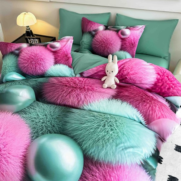 Lenjerie de Pat Finet 6 Piese 5D cu Cearșaf cu Elastic – Model Colorat Bile Pufoase Roz și Verde, LTC-026