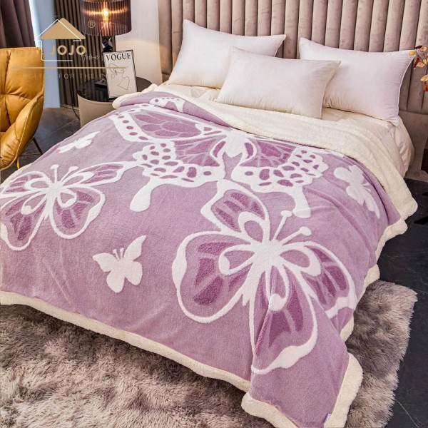 Pătură Cocolino cu blăniță 200x230 cm – Model Fluturi Mov, Moale și Călduroasă, PBC-035