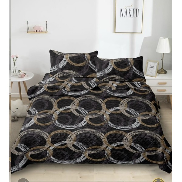 Cuvertură Pat Dublu cu 2 Fețe de Pernă din Bumbac Satinat – Model Cercuri Aurii pe Fundal Negru, OCT-026