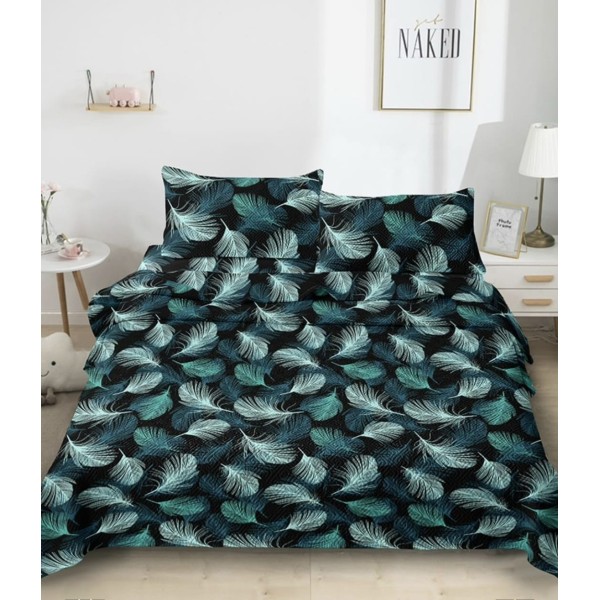 Cuvertură Pat Dublu cu 2 Fețe de Pernă din Bumbac Satinat – Model Frunze Albastre pe Fundal Negru, OCT-031