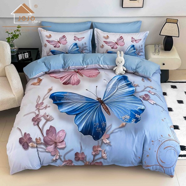 Lenjerie Pat 6 Piese 5D cu Cearșaf Elastic – Model Fluturi Albăstrii și Flori Roz, LFL-073