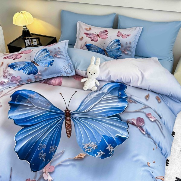 Lenjerie Pat 6 Piese 5D cu Cearșaf Elastic – Model Fluturi Albăstrii și Flori Roz, LFL-073