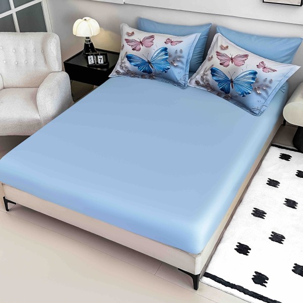 Lenjerie Pat 6 Piese 5D cu Cearșaf Elastic – Model Fluturi Albăstrii și Flori Roz, LFL-073