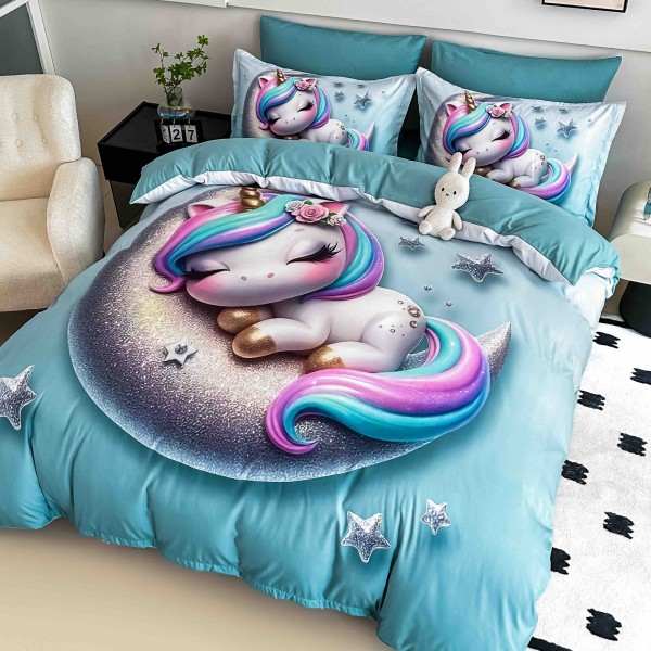 Lenjerie Pat 6 Piese 5D cu Cearșaf Elastic – Model Unicorn Albastru Pastel, LFL-074 Lenjerie Pat 6 Piese 5D cu Cearșaf Elastic – Model Unicorn Albastru Pastel, LFL-074
