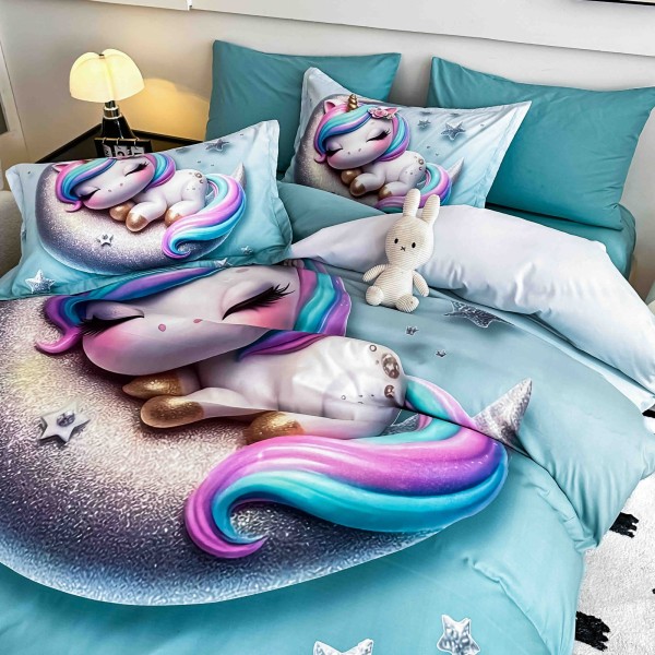 Lenjerie Pat 6 Piese 5D cu Cearșaf Elastic – Model Unicorn Albastru Pastel, LFL-074 Lenjerie Pat 6 Piese 5D cu Cearșaf Elastic – Model Unicorn Albastru Pastel, LFL-074