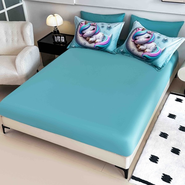 Lenjerie Pat 6 Piese 5D cu Cearșaf Elastic – Model Unicorn Albastru Pastel, LFL-074 Lenjerie Pat 6 Piese 5D cu Cearșaf Elastic – Model Unicorn Albastru Pastel, LFL-074