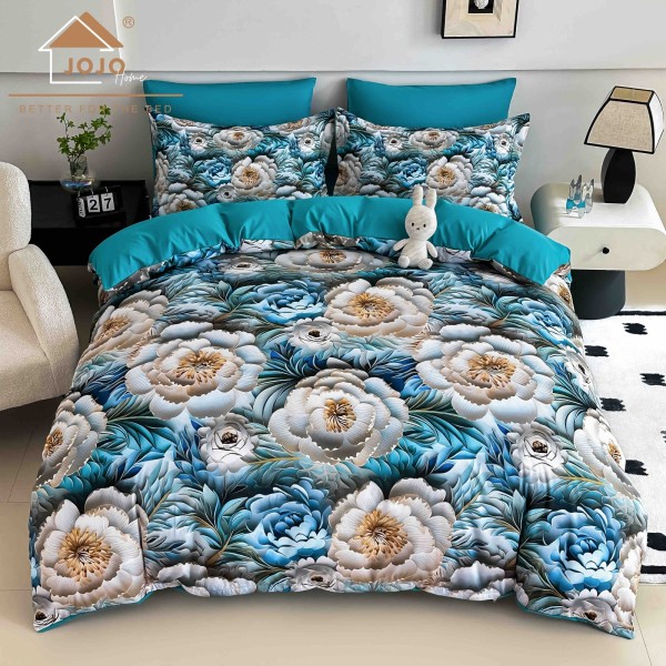 Lenjerie Pat 6 Piese 5D cu Cearșaf Elastic – Model Floral Albastru Elegant, LFL-075