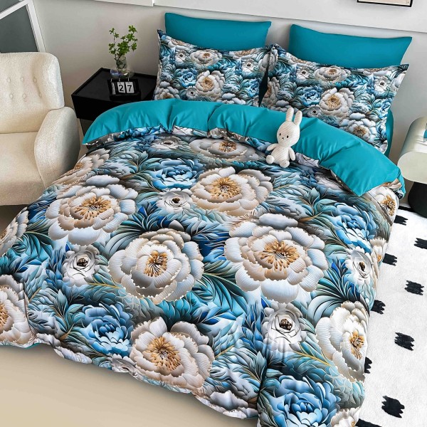 Lenjerie Pat 6 Piese 5D cu Cearșaf Elastic – Model Floral Albastru Elegant, LFL-075