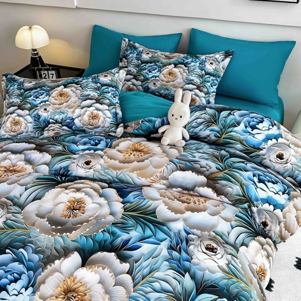 Lenjerie Pat 6 Piese 5D cu Cearșaf Elastic – Model Floral Albastru Elegant, LFL-075
