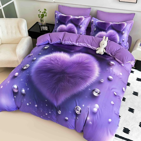 Lenjerie Pat 6 Piese 5D cu Cearșaf Elastic – Inimă Violet cu Cristale, LFL-076