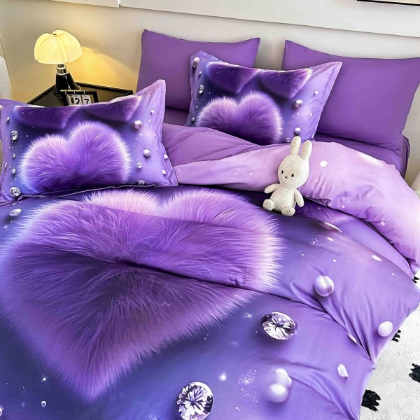 Lenjerie Pat 6 Piese 5D cu Cearșaf Elastic – Inimă Violet cu Cristale, LFL-076